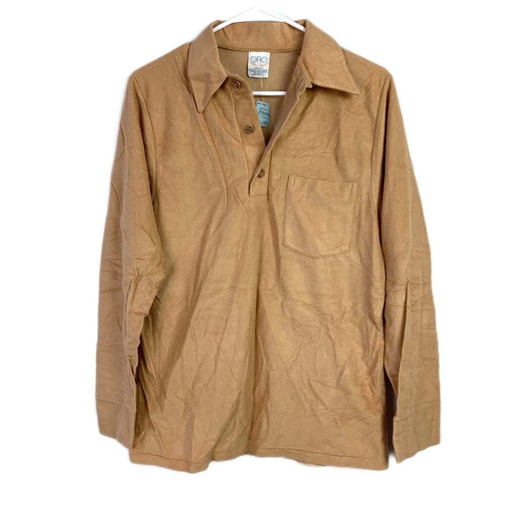 Vintage 70s ORO Golden Threads Men's Medium Tan Pullover Casual Shirt USA New